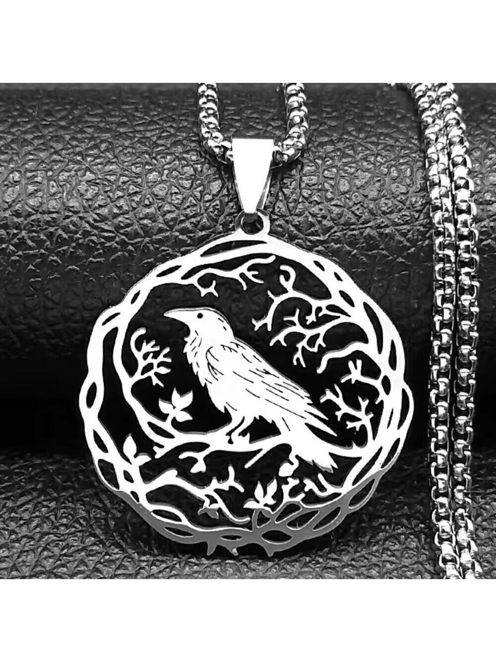 Silver Tone Gothic Raven Pendant Necklace - Stainless Steel Ball Chain #1530
